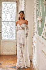 Laura White - Sheer Lace Long Sleeve Off-Shoulder Prom Formal Dress