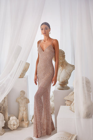Elsa Nude - Sheer Nude Mesh Glitter Fabric with Low Back