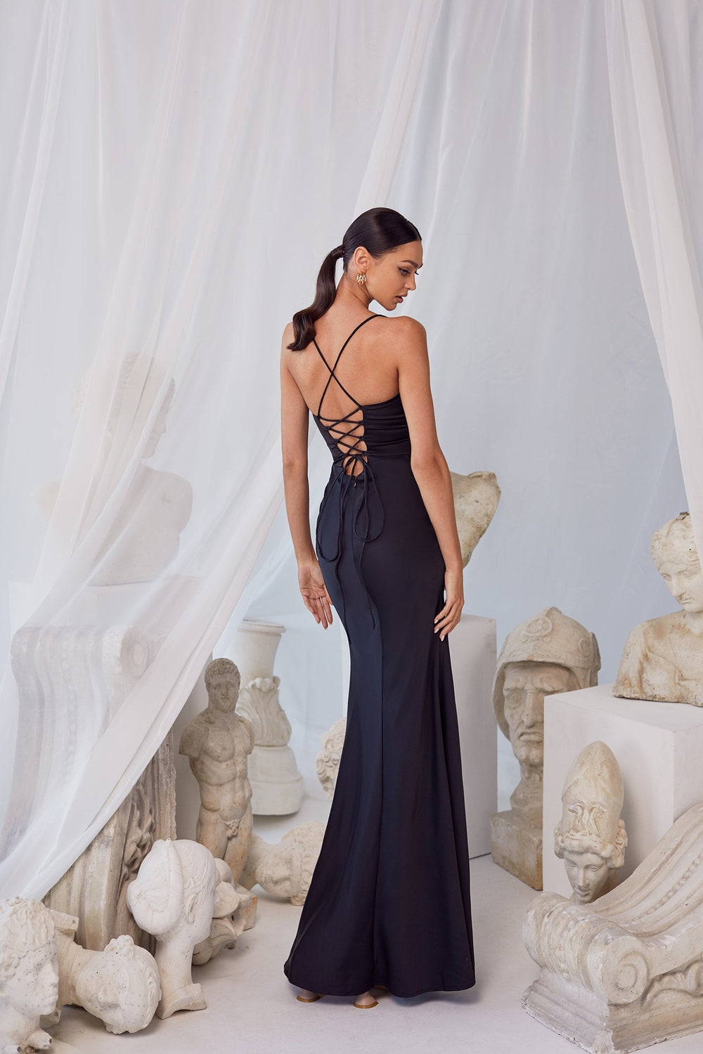 Greta Gown - Black Structured Lace Satin Gown with Lace Up Back