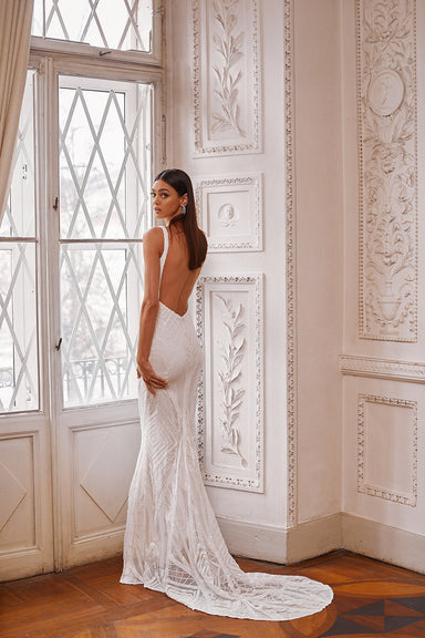 Larisa - White Sequin Gown with a Square Neckline and Mermaid Train