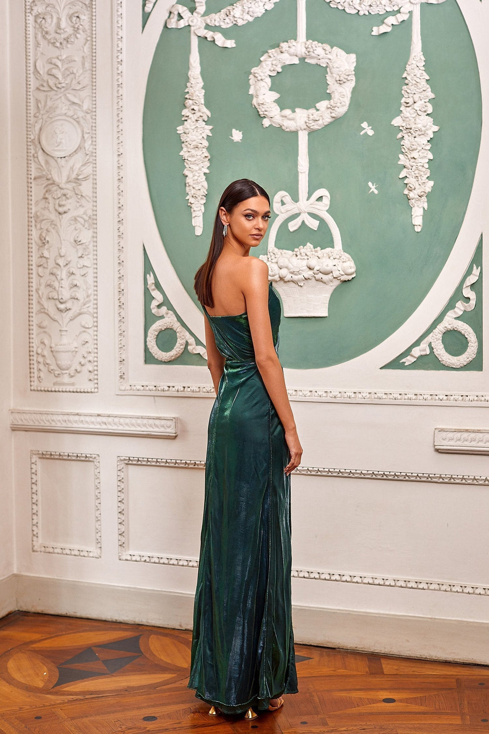 Ines Emerald - Iridescent Mesh Gown with One-Shoulder Sleeve