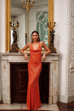 Stella Orange - Vibrant Sequin Prom Dress with Cowl Back & Halter Neck