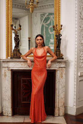 Stella Orange - Vibrant Sequin Prom Dress with Cowl Back & Halter Neck