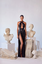 Vittoria Black - Black Sequin Backless Gown with Plunge Neckline