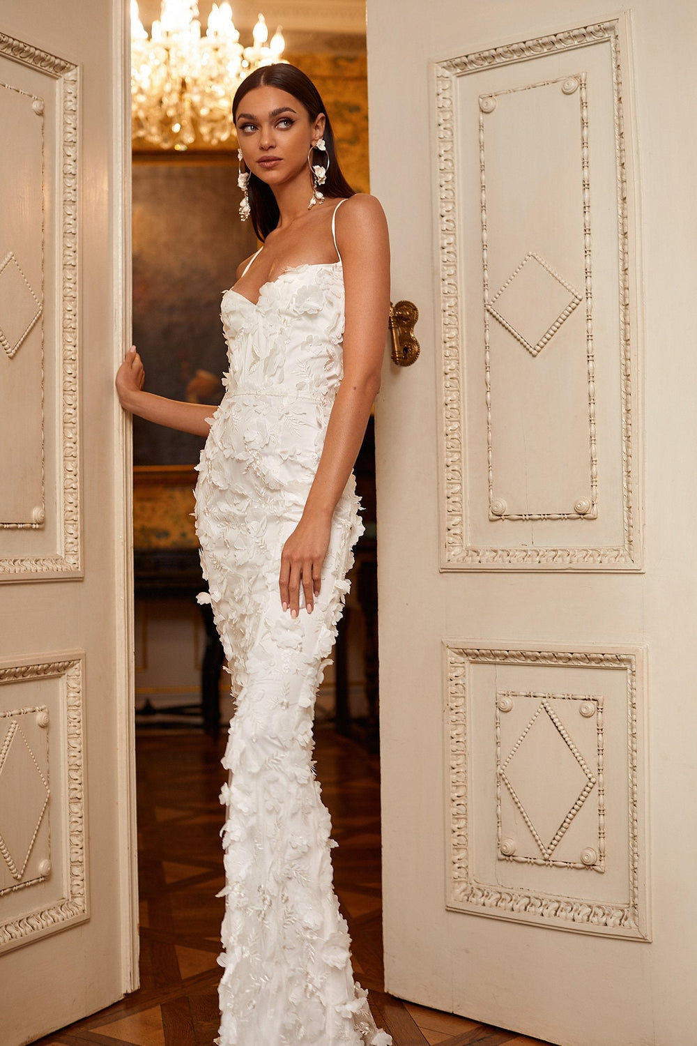 Petra White - 3D Floral Gown with Lace-Up Back & Sweetheart Neckline
