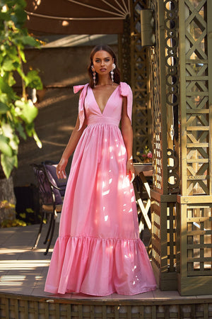Cellina Dress - Pink A-Line Maxi Dress with Tie-Up Straps & V Neckline