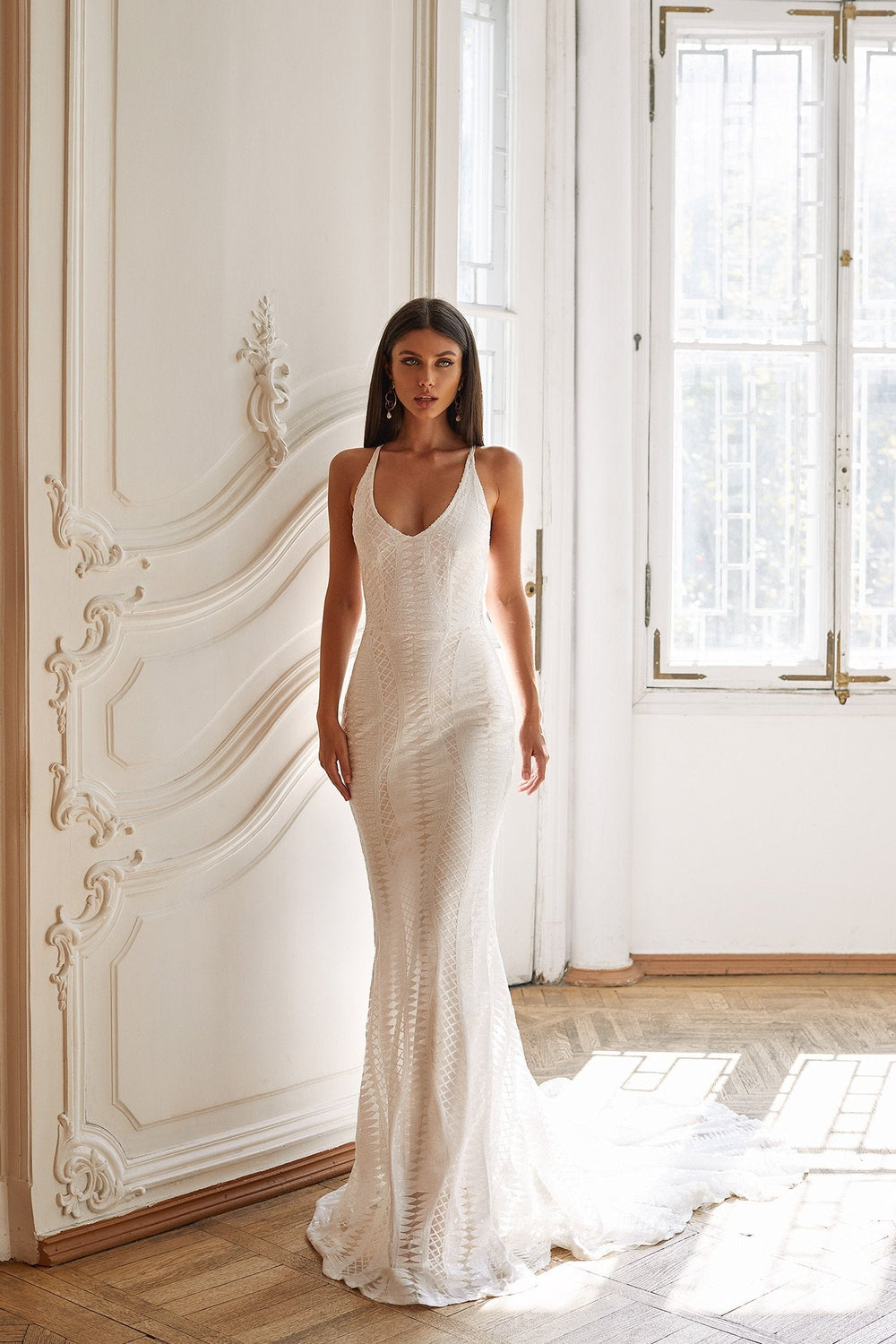 Zariah - White Sequin Mermaid Gown with Plunge Neck & Lace-Up Back