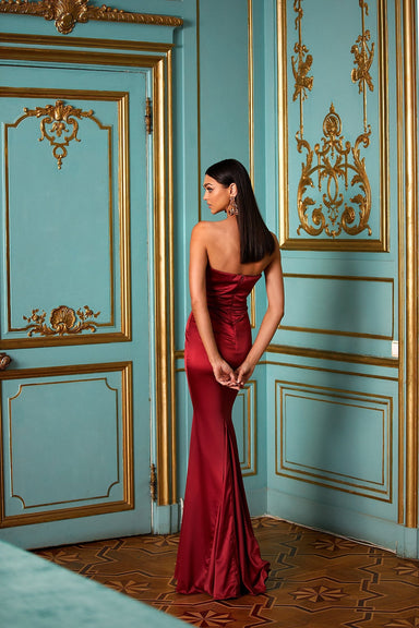 Dione - Wine Red Satin Strapless Gown with Mermaid Train