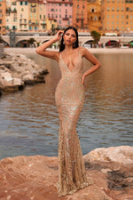 Anna - Gold Glitter Gown with Plunge Neckline and Mermaid Silhouette