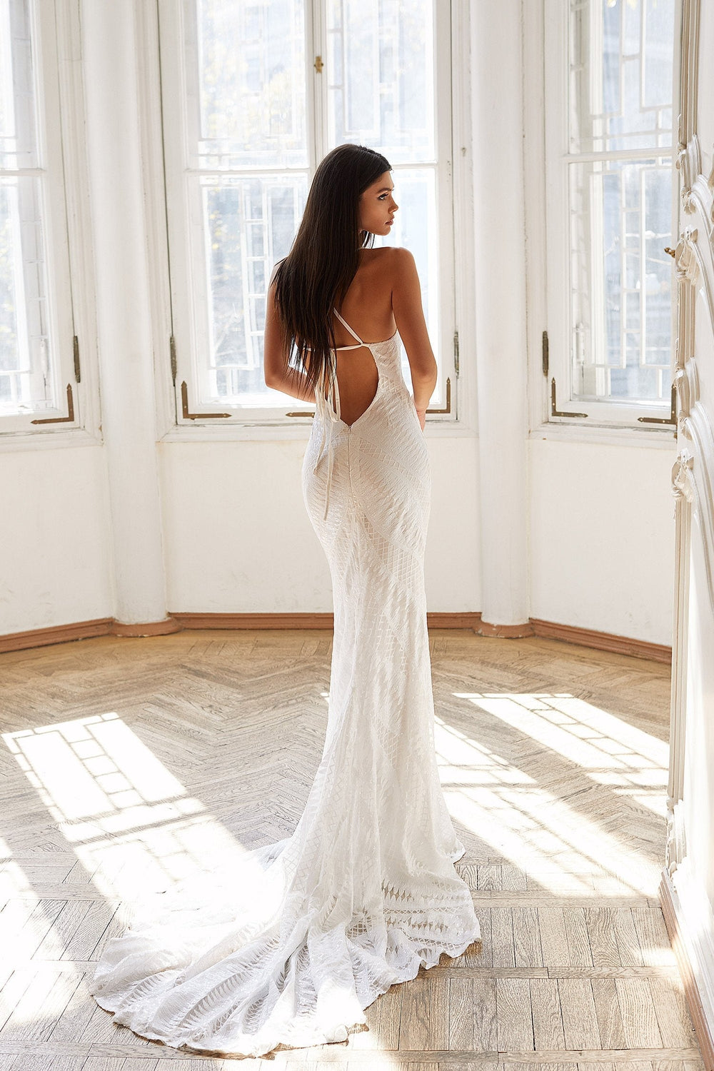 Zariah - White Sequin Mermaid Gown with Plunge Neck & Lace-Up Back