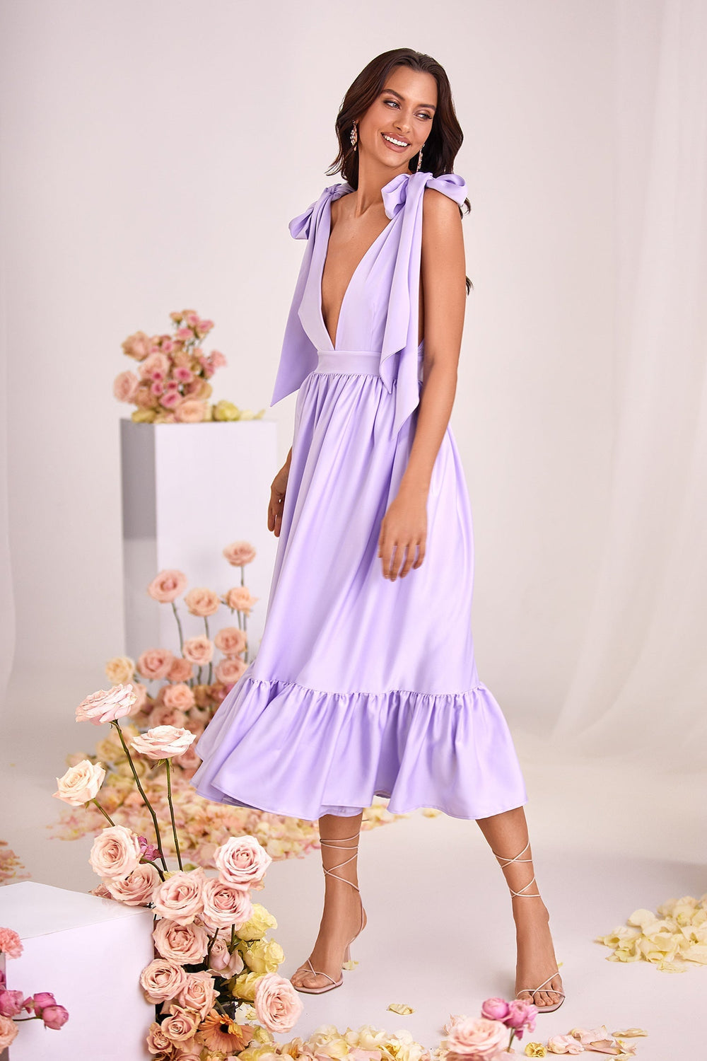Teresa Lilac Midi Dress with Plunge Neckline