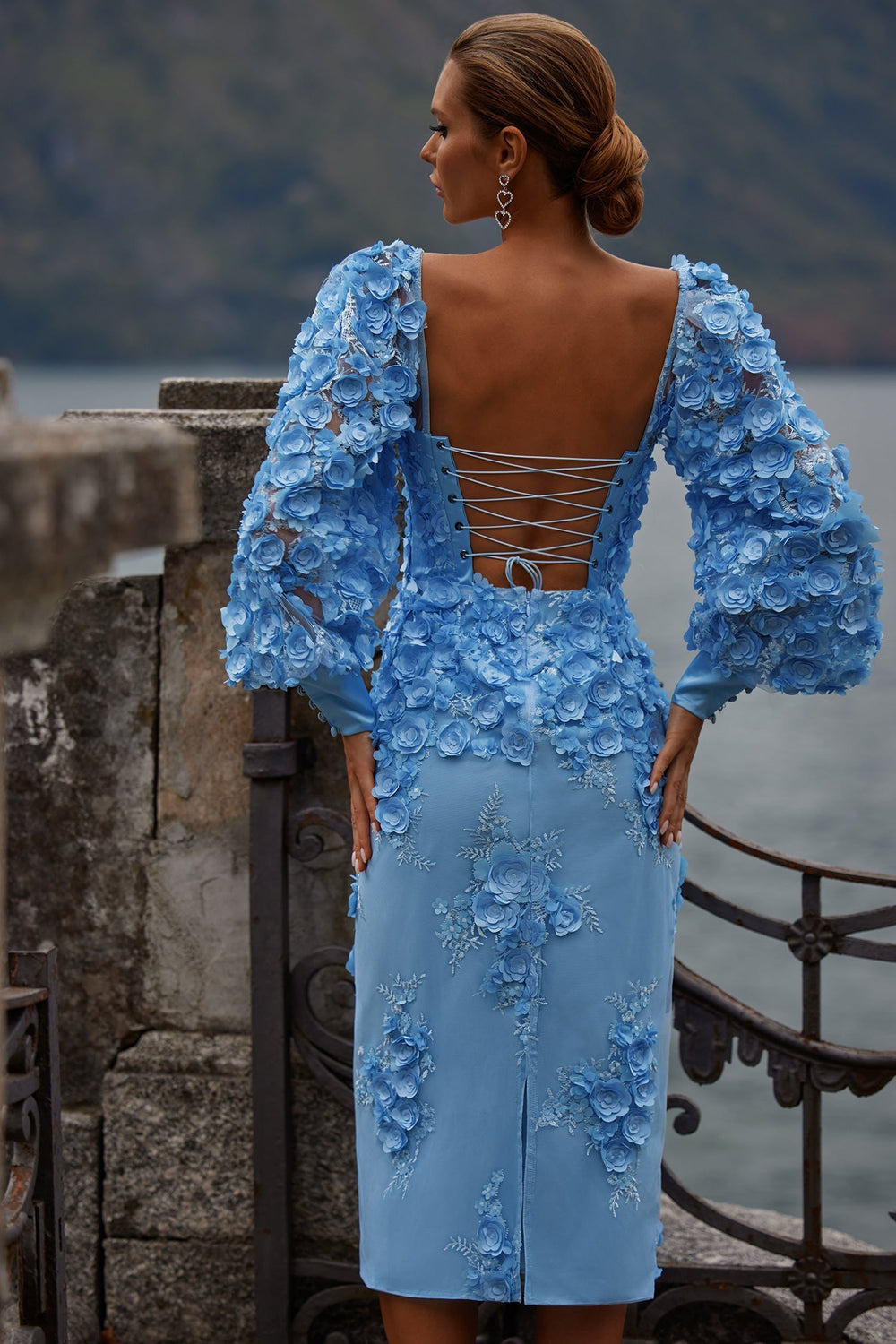 Ginvra Blue Floral Dress with Lace-Up Back