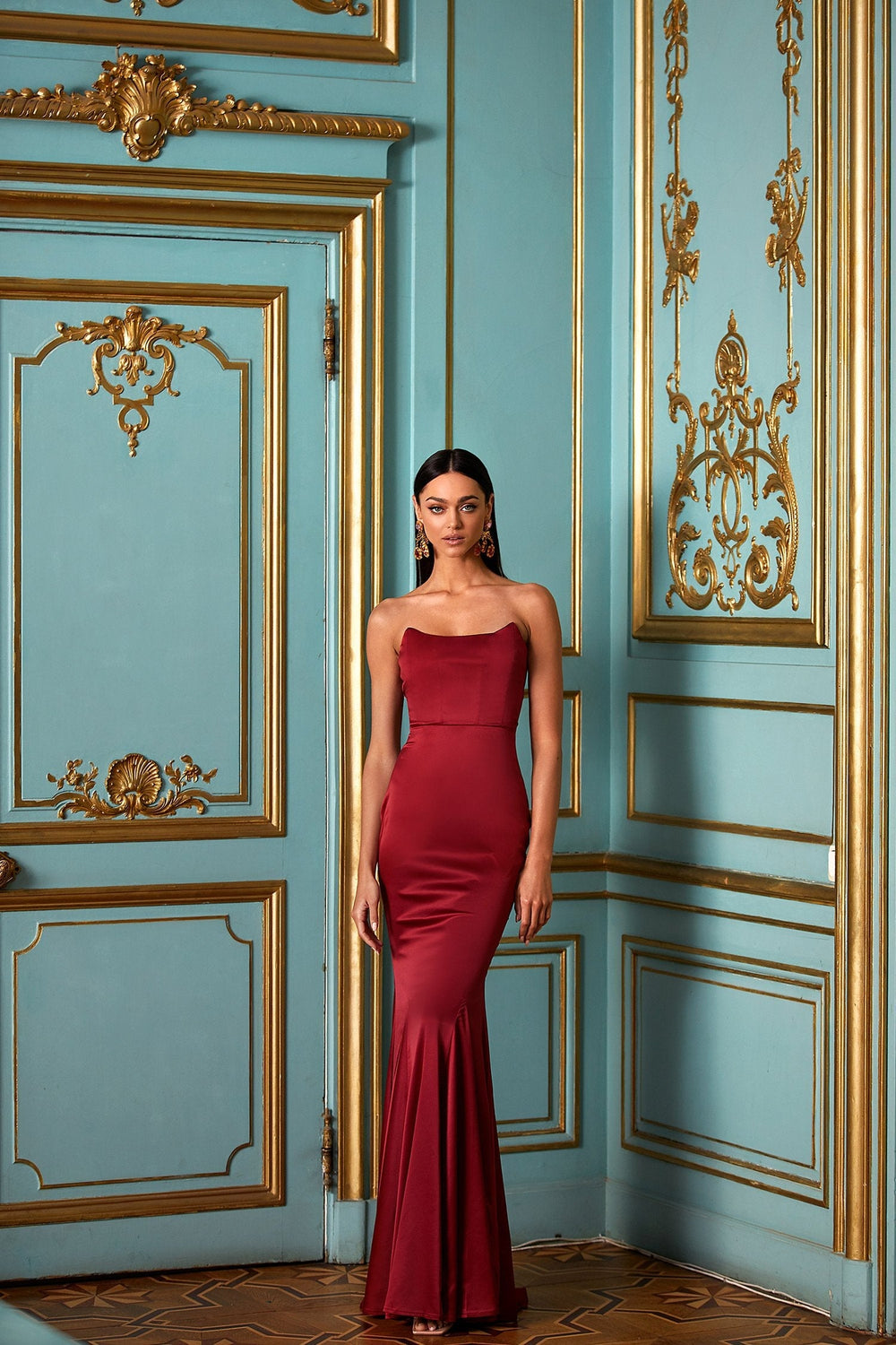 Dione - Wine Red Satin Strapless Gown with Mermaid Train