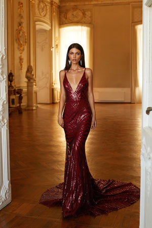 Justina - Burgundy Sequin Gown with Plunge Neck, Low Back & Train