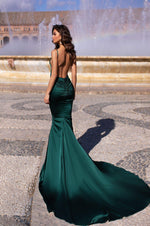 Delara - Emerald Satin Mermaid Gown with Straight Neckline & Low Back