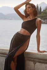 Dinah - Black Cut-Out Sequin Gown with Diamante Trim and High Side Slit Alamour the Label