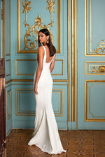 Rhea - White Crepe Gown with Square Neckline and Mermaid Train