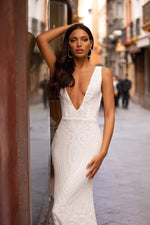 Estera - White Patterned Sequin Mermaid Gown with Plunge Neck