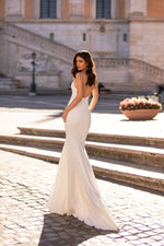 Giorgia - White Backless Crepe Mermaid Gown with Straight Neckline