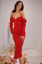 Jourdan Red Bodycon Midi Dress with Long Off-Shoulder Sleeves