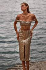 Fabiana Gold Sequin Set with Waist Ties & Off-Shoulder Sleeves