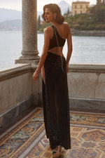 Dinah - Black Cut-Out Sequin Gown with Diamante Trim and High Side Slit