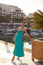 Karmira Strapless Teal Midi Dress with Waist Cut-Outs