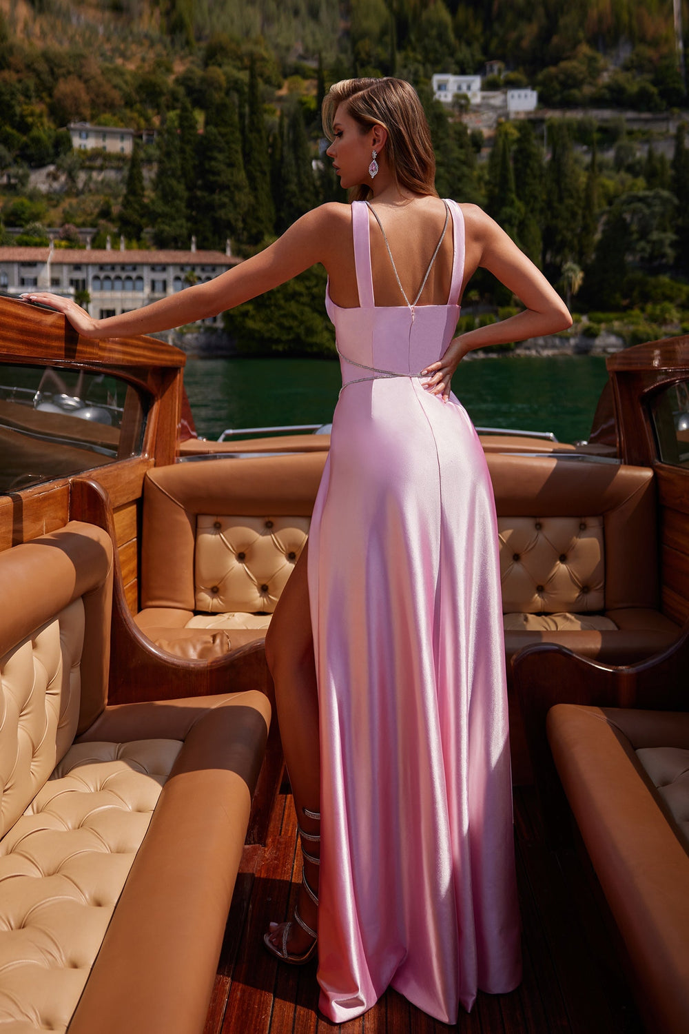 Candice - Pink Satin Gown with Diamante Criss Cross Straps