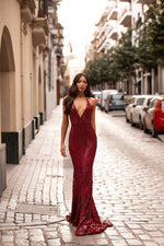 A&N Luxe Kalila - Burgundy Sequin Mermaid Gown with Criss-Cross Back