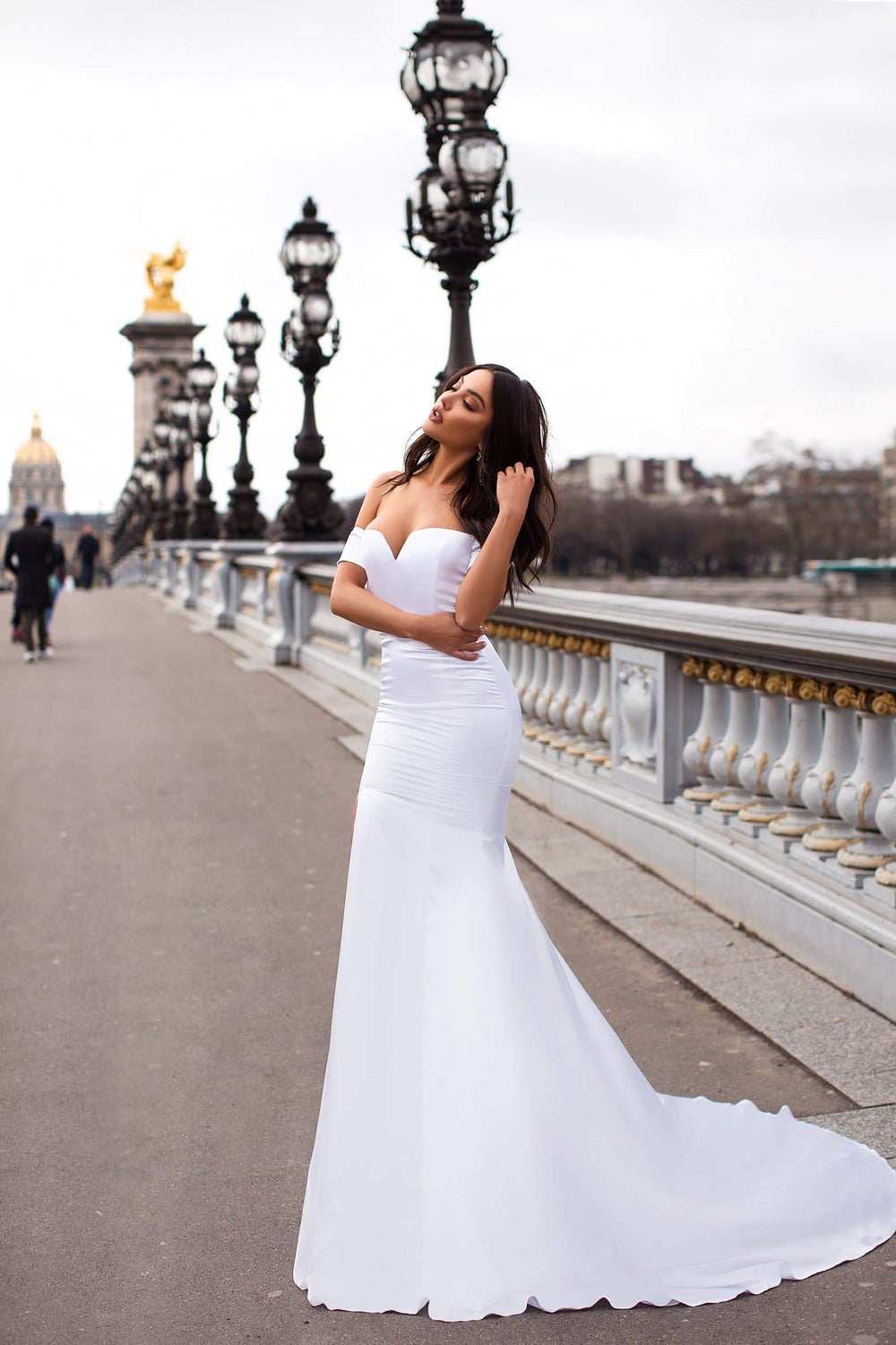 Madelina - White Off-Shoulder Satin Gown with Long Mermaid Train