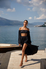Angelina Two Piece Black Pleated Set with Waist Ties and Side Slit