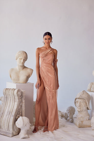 Beatrice Nude Pink - Iridescent Off-Shoulder Gown with High Slit