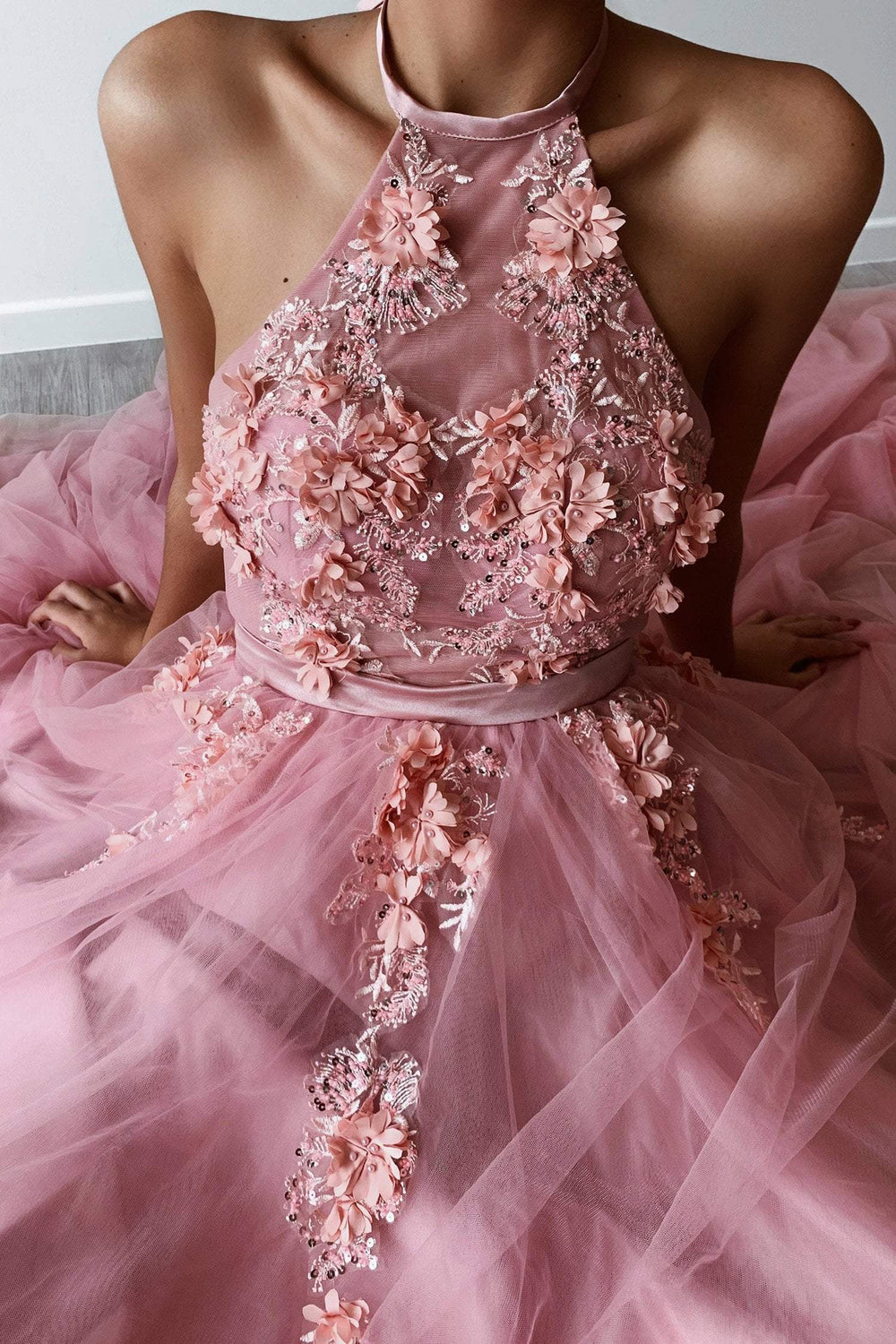 Otavia - Pink Embellished Tulle A-Line Halter Neck Gown