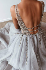 Yolanda - Silver Beaded Tulle A-line Gown with Crystals & Plunge Neck