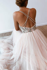Litzy - Baby Pink Beaded A-Line Tulle Gown with Open Back