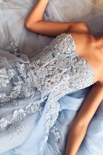 Estafania - Baby Blue Beaded Tulle Gown with A-Line Skirt & Side Slit