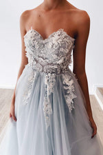 Laurensa - Faded Blue-Grey Floral Beaded Strapless A-Line Tulle Gown 