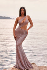 Kaltrina - Rose Gold Sequin Gown with Waist Cut-Out