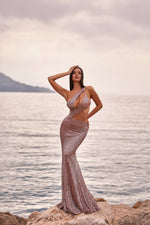 Kaltrina - Rose Gold Sequin Gown with Waist Cut-Out