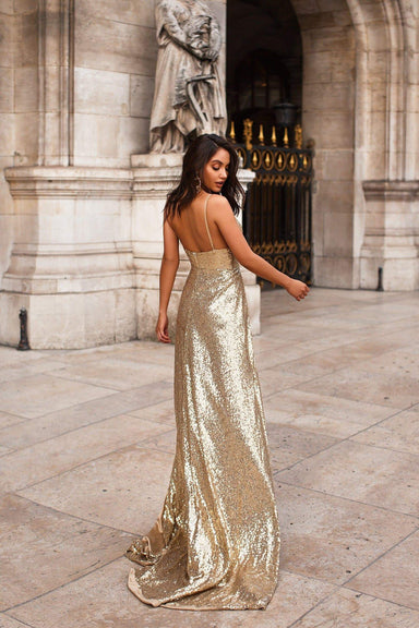 Milana - Gold Sequin V-Neck Gown with Adjustable Straps & Side Slits